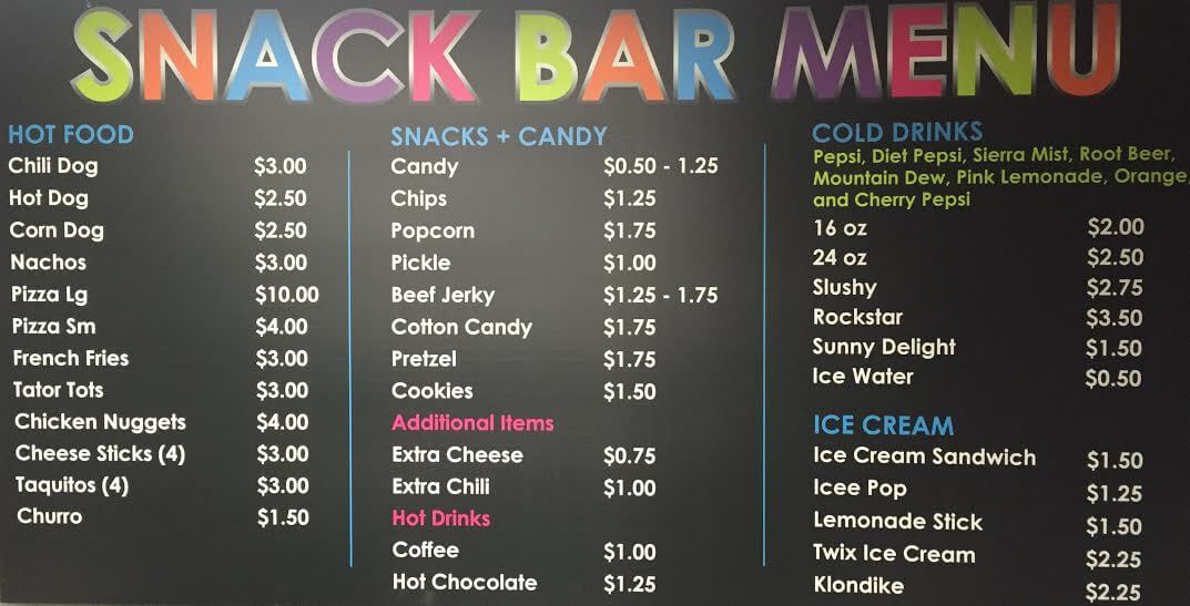 snack bar menu